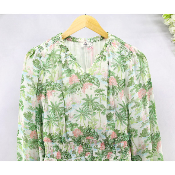 Vineyard Vines Girls Smocked Waist Dress Green Pink Palms Viscose Sz XL(16) NWT - Picture 4 of 9